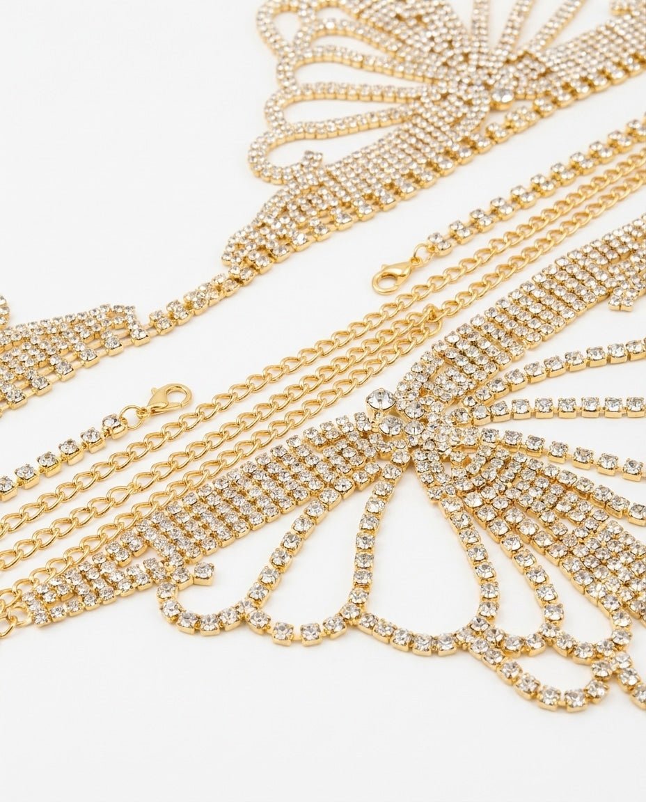 Gold Rhinestone Chain Open Cup Lingerie Set - MARELIA