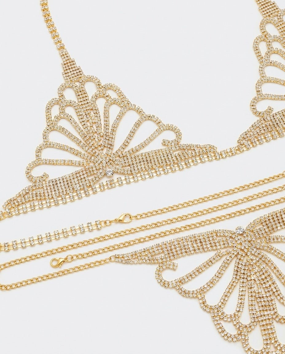 Gold Rhinestone Chain Open Cup Lingerie Set - MARELIA