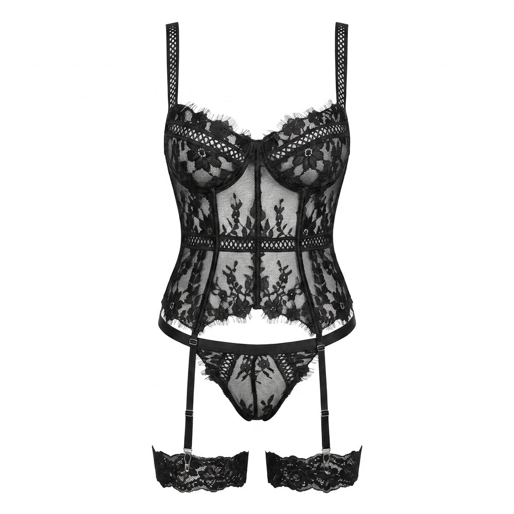 Black Rhinestone Lace Corset Bustier Lingerie Set - MARELIA