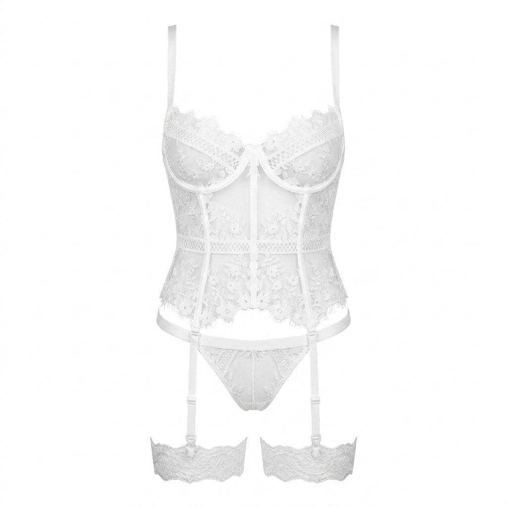 White Rhinestone Lace Corset Bustier Lingerie Set - MARELIA