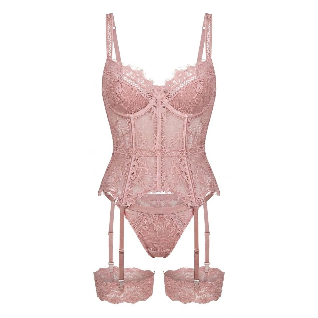 Pink Rhinestone Lace Corset Bustier Lingerie Set - MARELIA