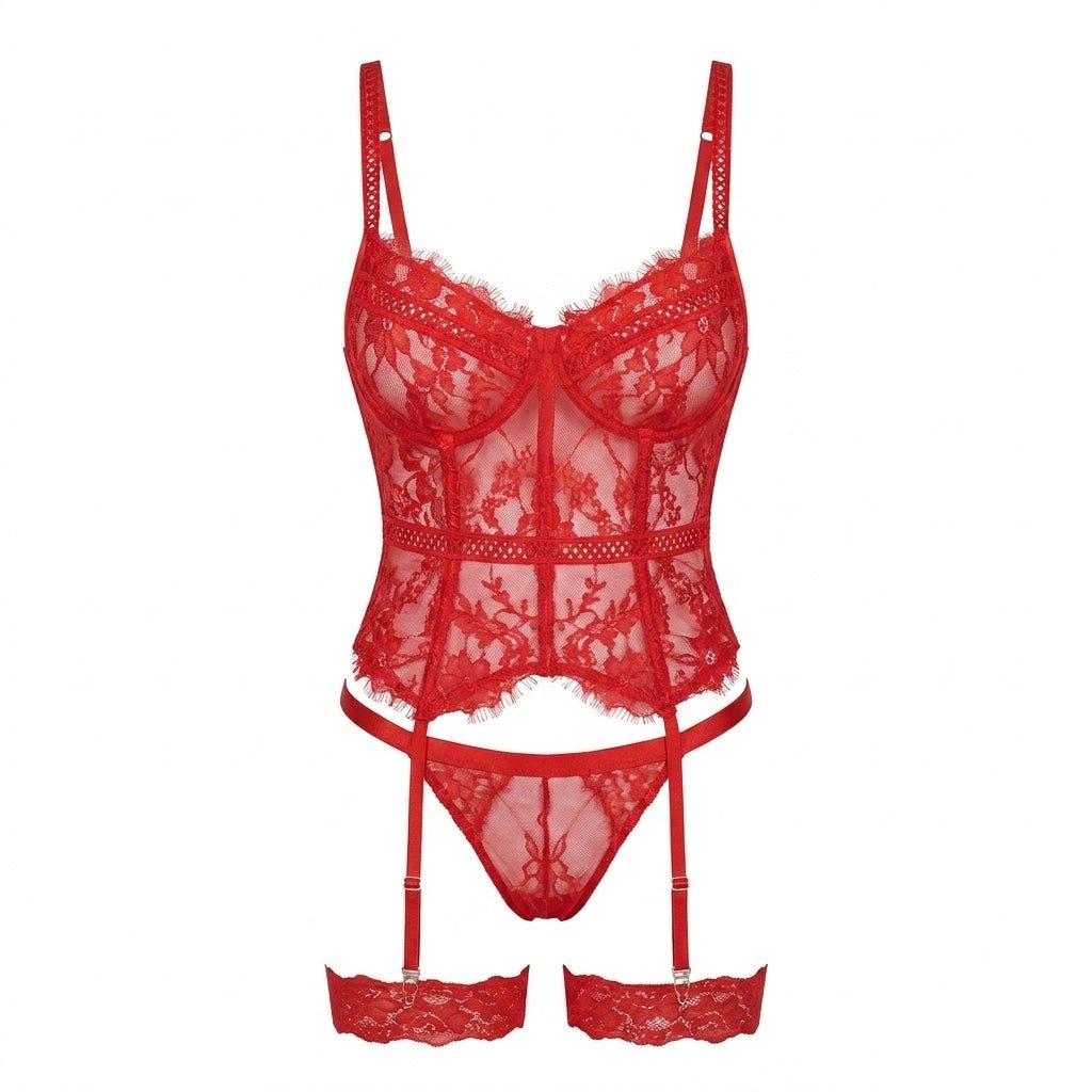 Red Rhinestone Lace Corset Bustier Lingerie Set - MARELIA
