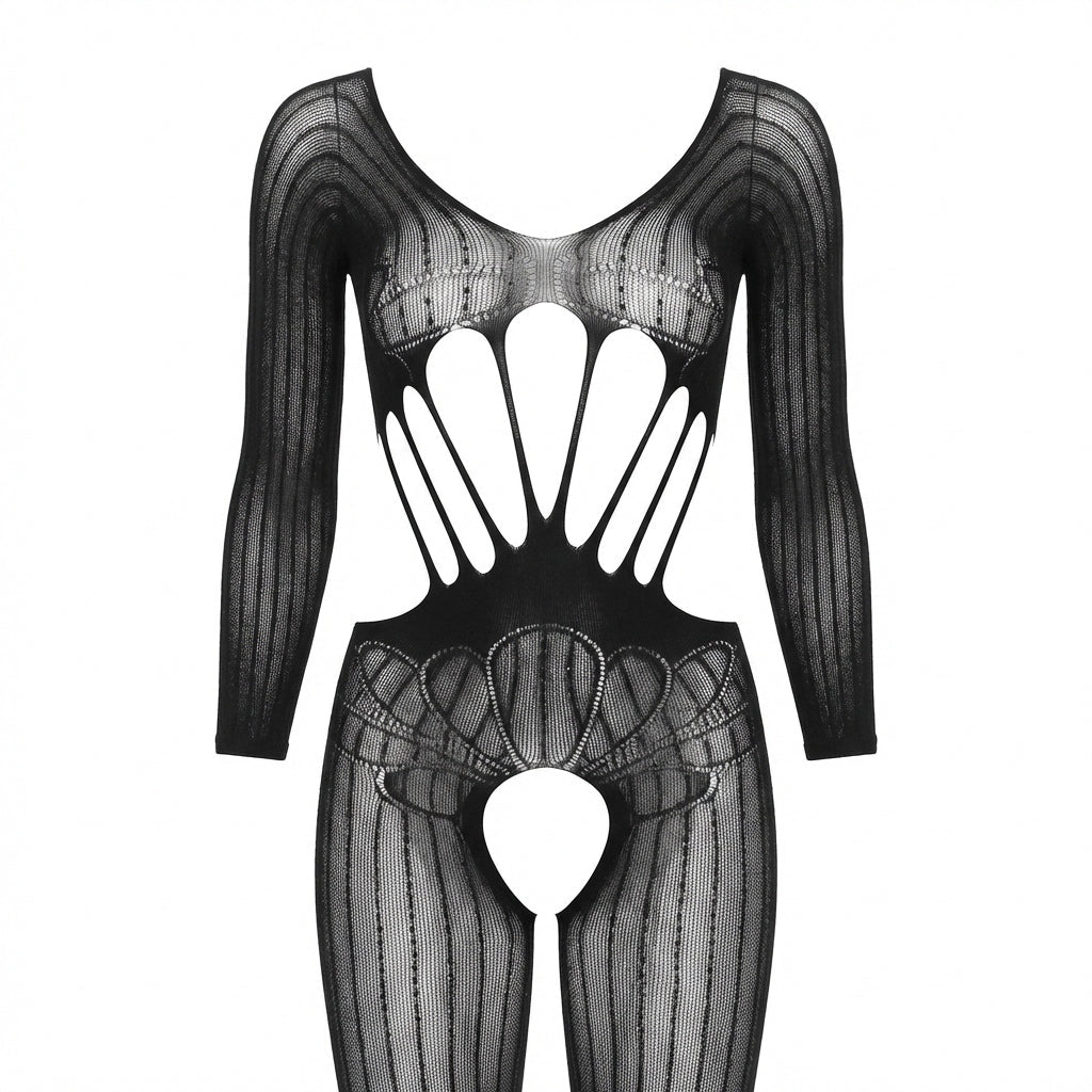 Black Ribbed Knit Open Cup Crotchless Bodystocking - MARELIA