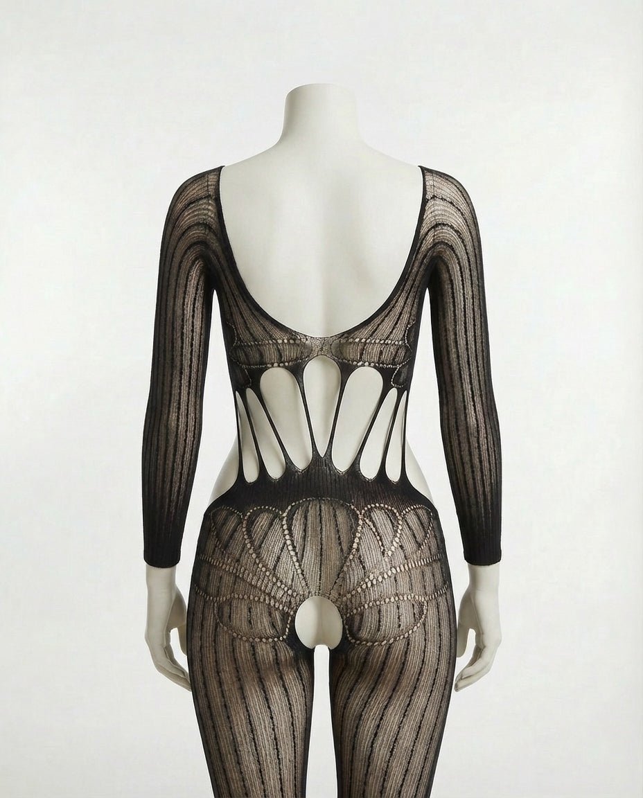 Black Ribbed Knit Open Cup Crotchless Bodystocking - MARELIA
