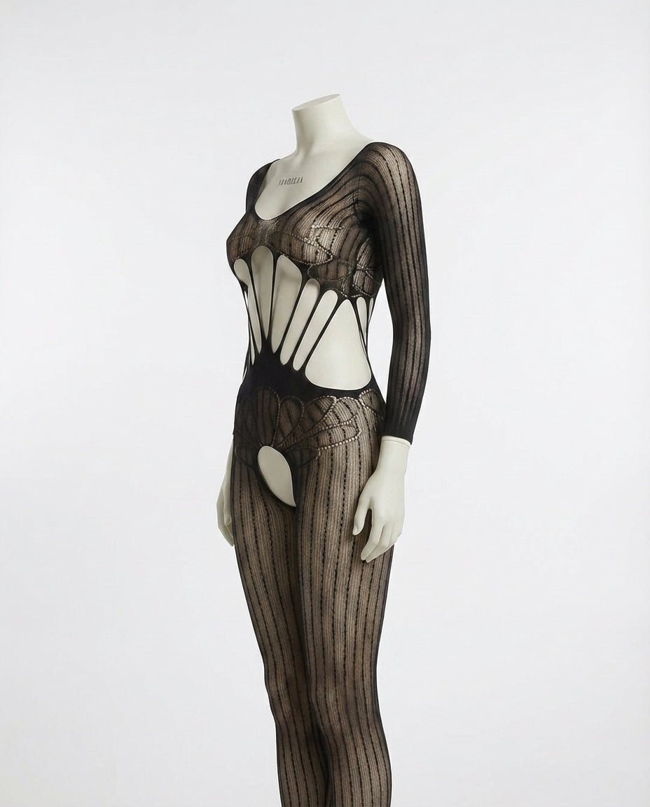 Black Ribbed Knit Open Cup Crotchless Bodystocking - MARELIA