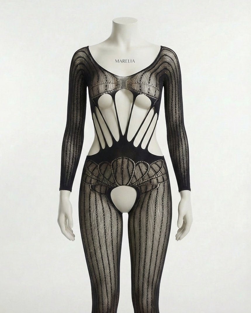 Black Ribbed Knit Open Cup Crotchless Bodystocking - MARELIA