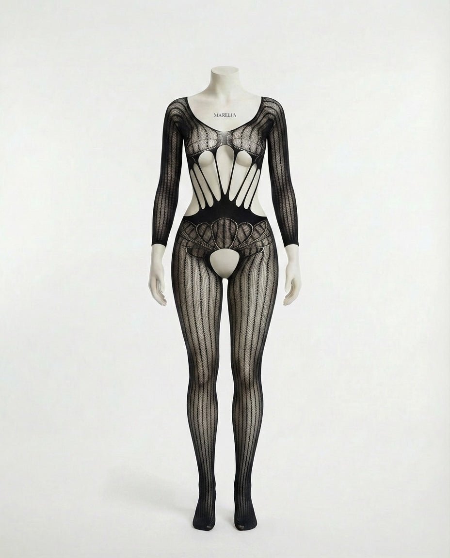 Black Ribbed Knit Open Cup Crotchless Bodystocking - MARELIA