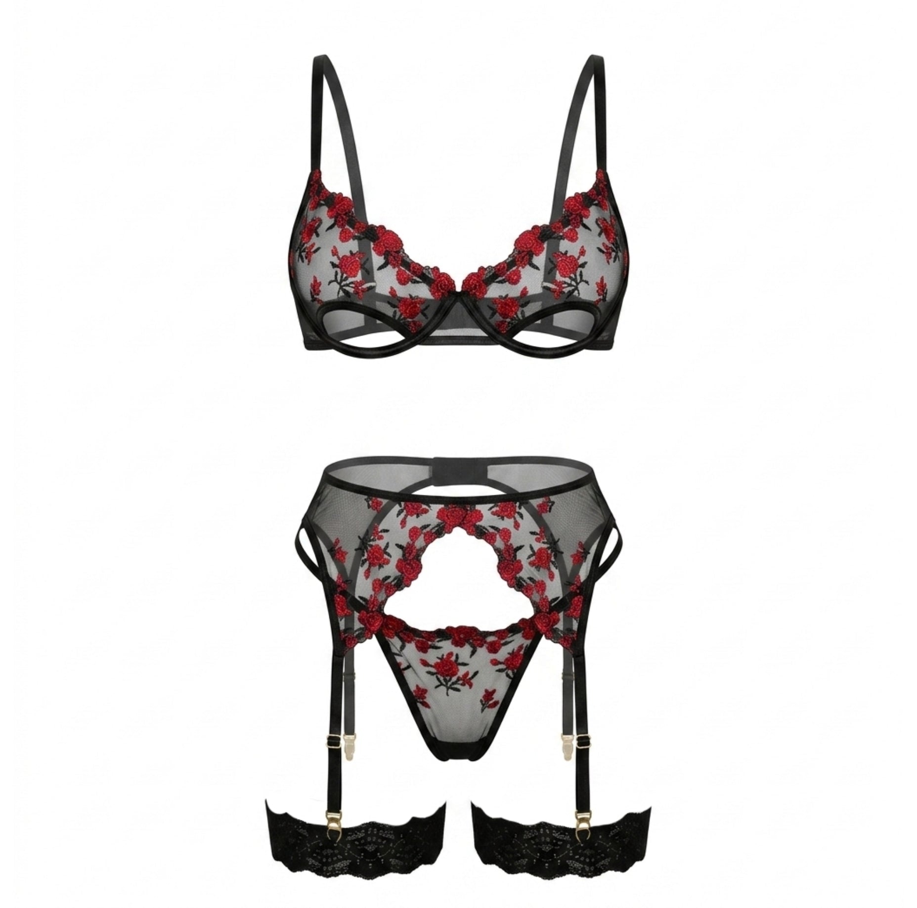 Black Rose Embroidered Mesh Four Piece Lingerie Set - MARELIA
