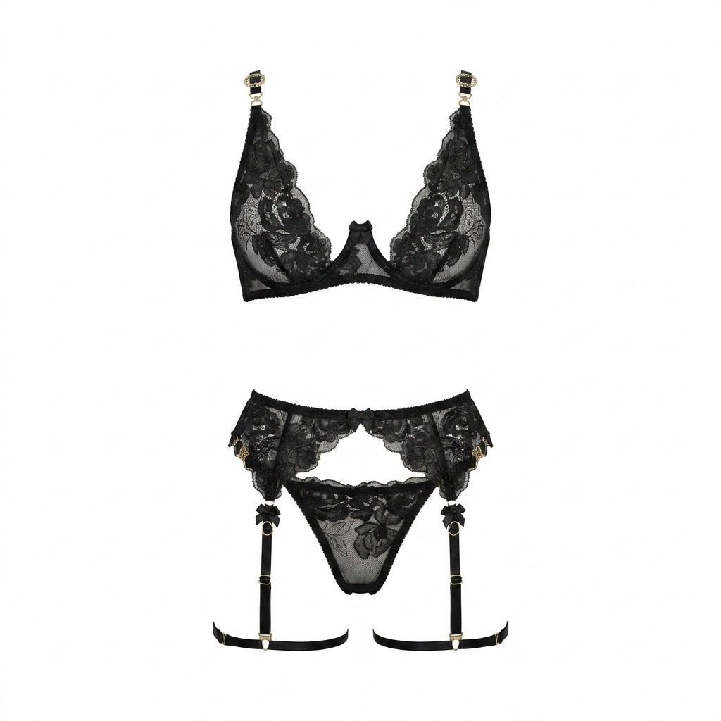Black Rose Lace Four Piece Garter Set - MARELIA