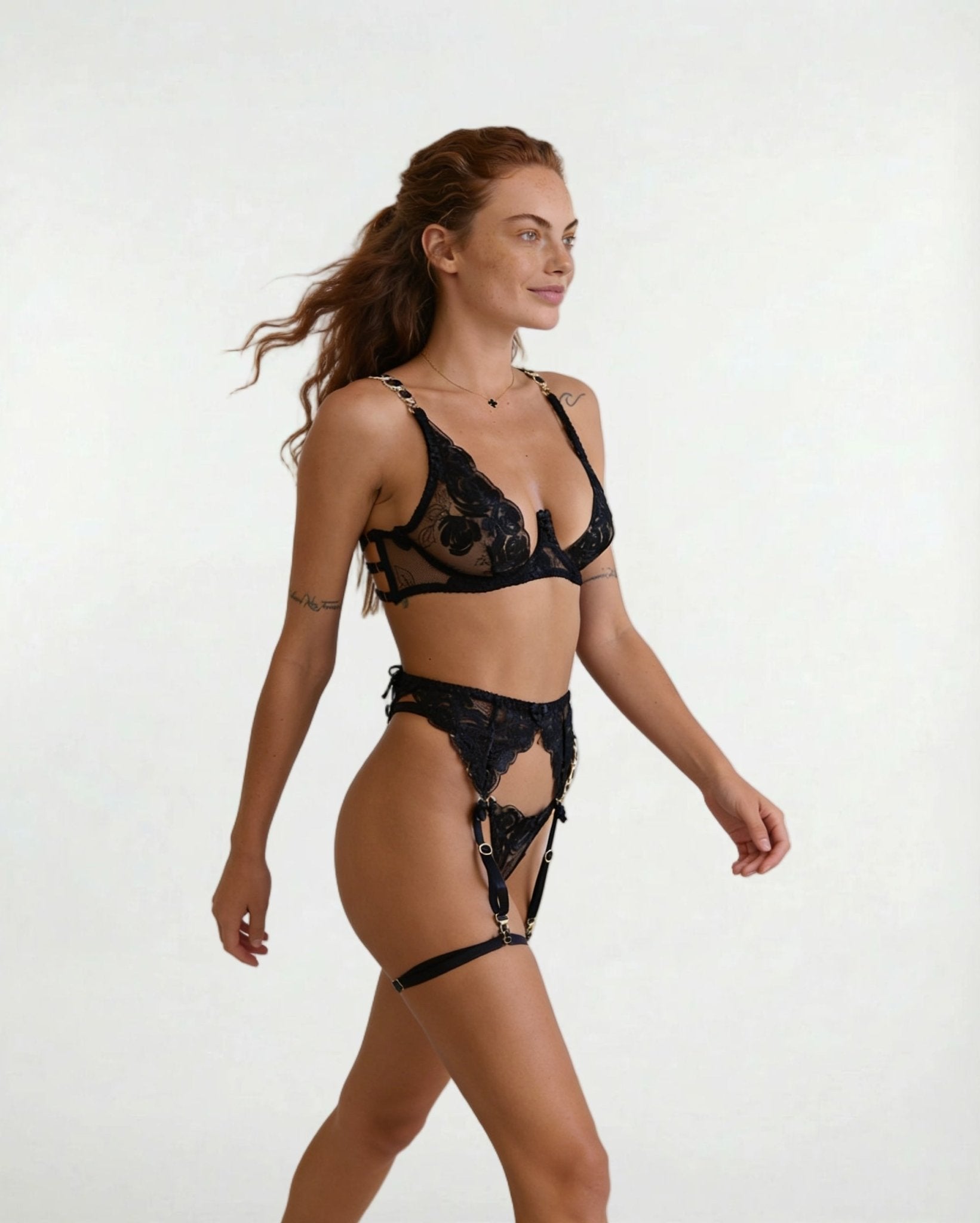 Black Rose Lace Four Piece Garter Set - MARELIA