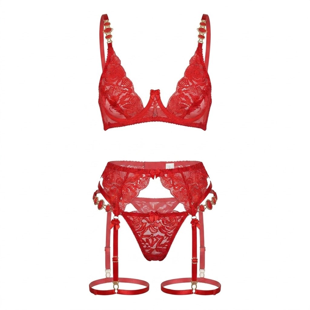 Red Rose Lace Four Piece Garter Set - MARELIA