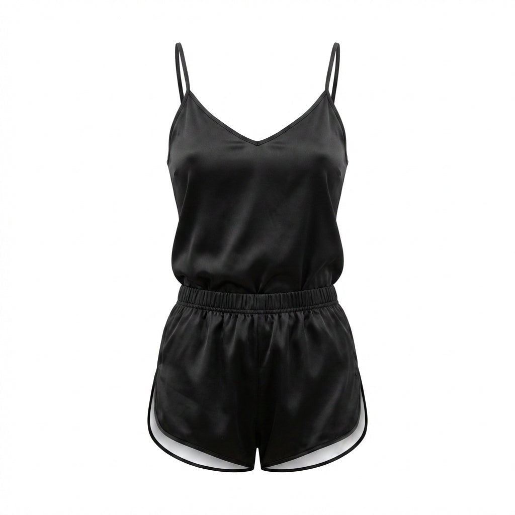 Black Satin Cami Short Pyjama Set - MARELIA