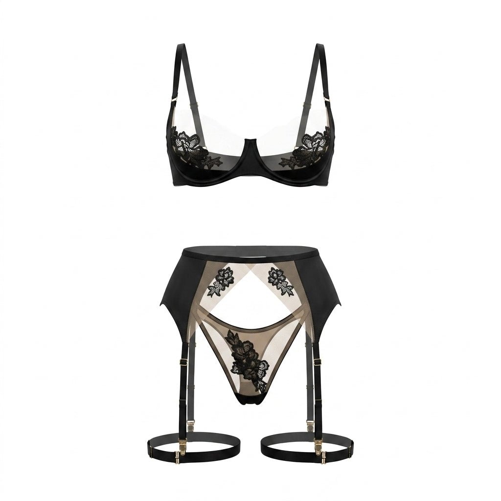 Dark Green Satin Embroidered Four Piece Lingerie Set - MARELIA