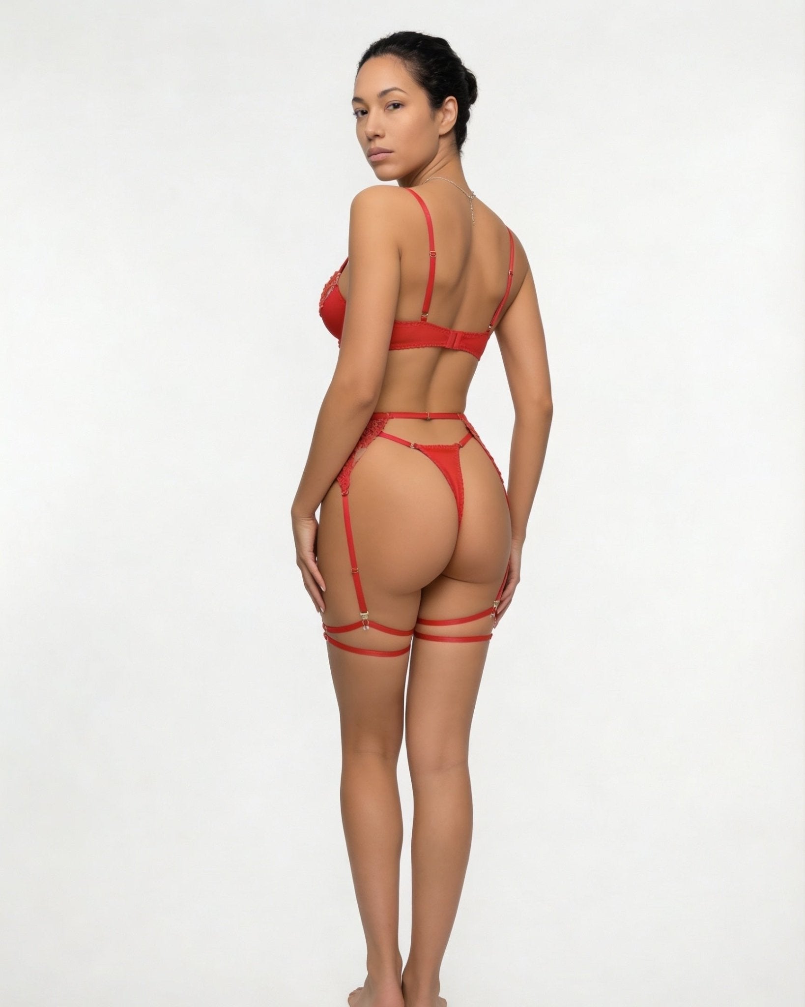 Red Satin Embroidered Four Piece Lingerie Set - MARELIA