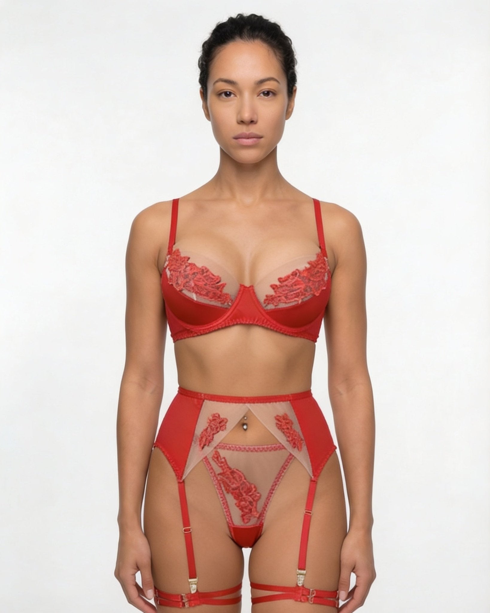Red Satin Embroidered Four Piece Lingerie Set - MARELIA