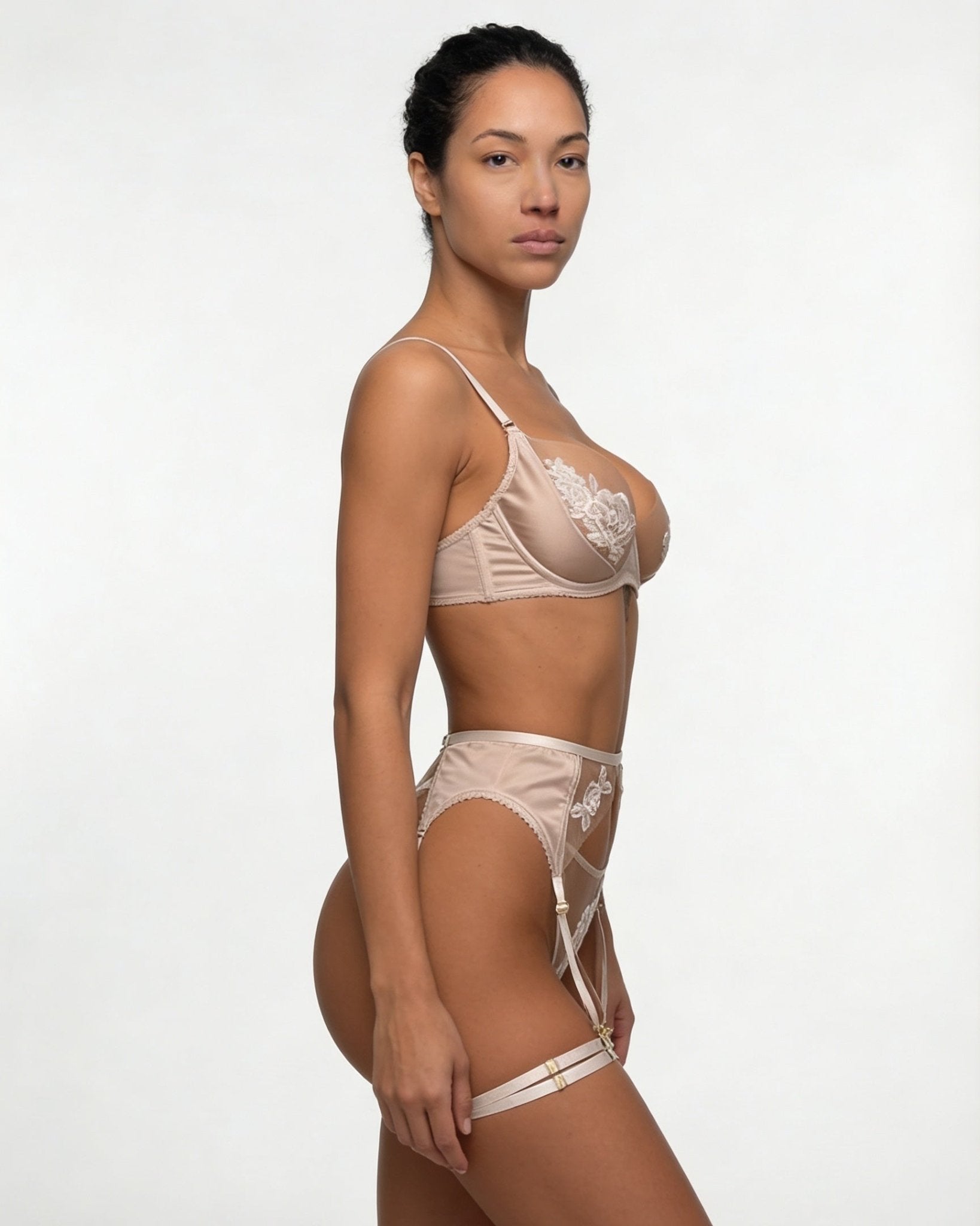 Champagne Satin Embroidered Four Piece Lingerie Set - MARELIA