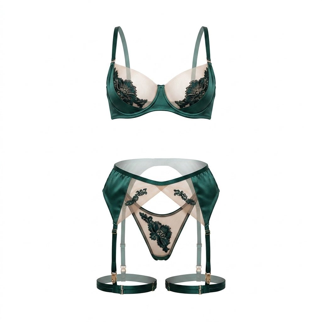 Dark Green Satin Embroidered Four Piece Lingerie Set - MARELIA