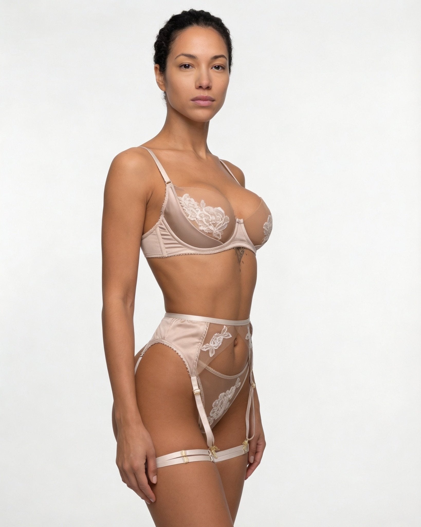 Champagne Satin Embroidered Four Piece Lingerie Set - MARELIA