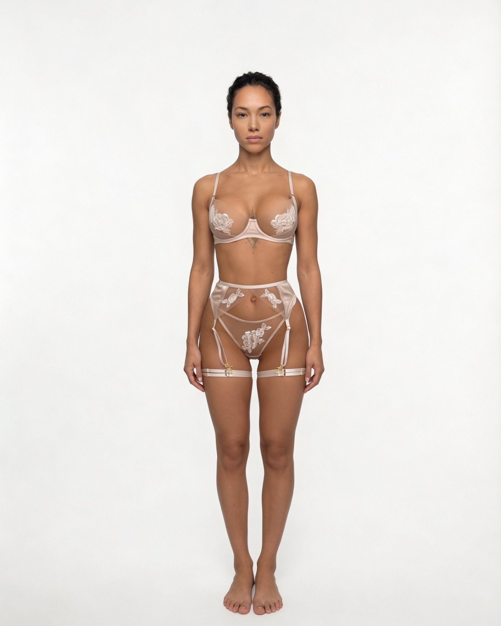 Champagne Satin Embroidered Four Piece Lingerie Set - MARELIA