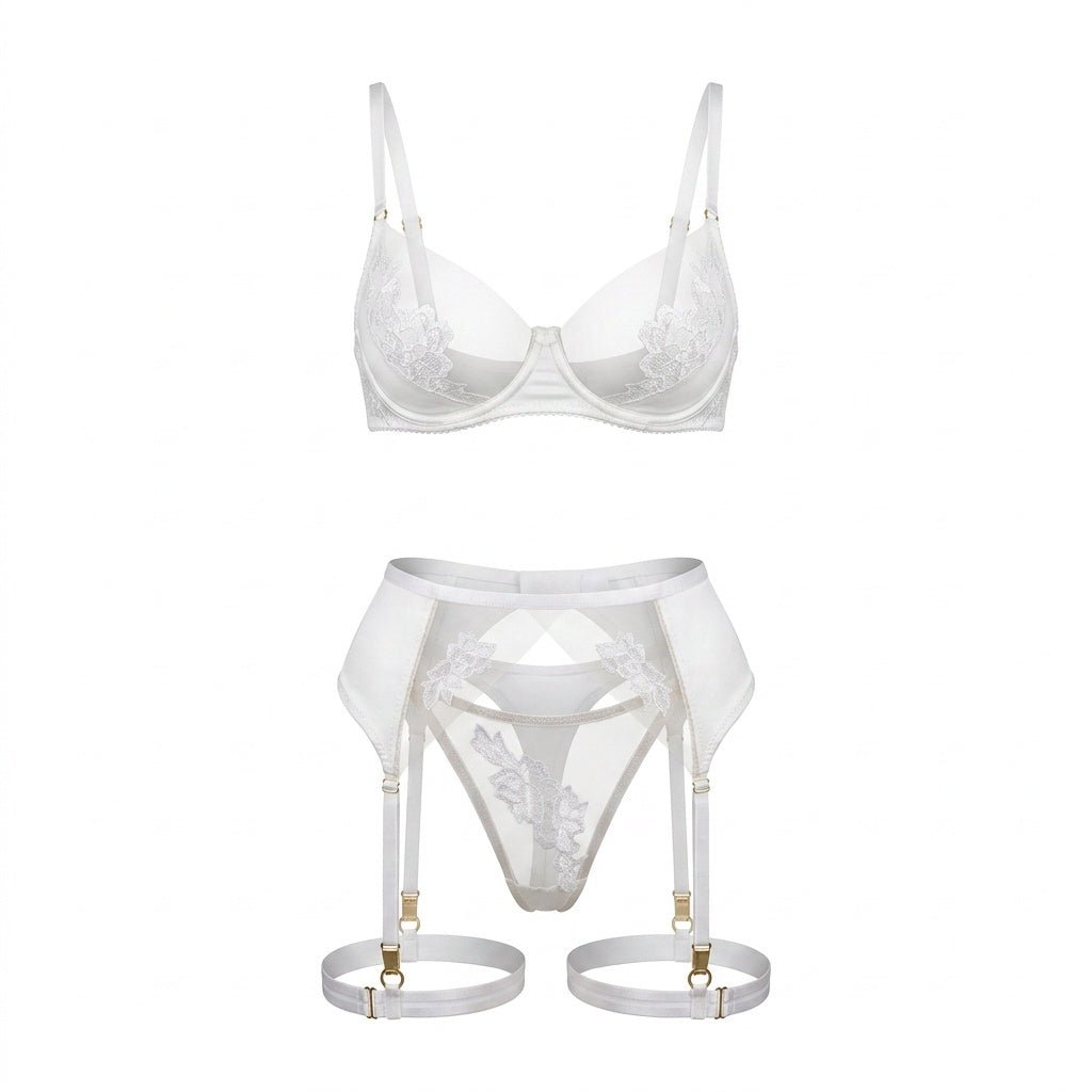 White Satin Embroidered Four Piece Lingerie Set - MARELIA