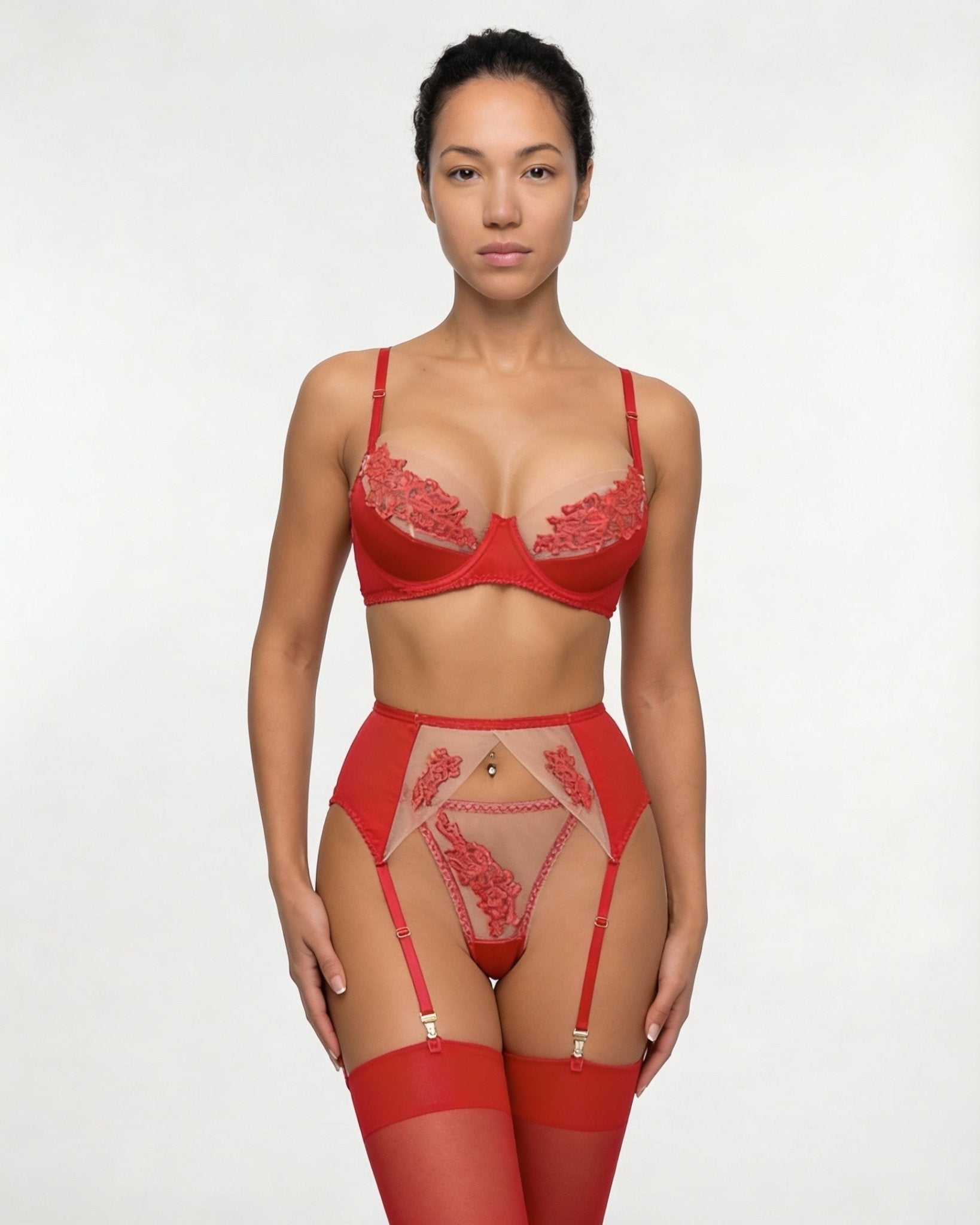 Red Satin Embroidered Four Piece Lingerie Set - MARELIA