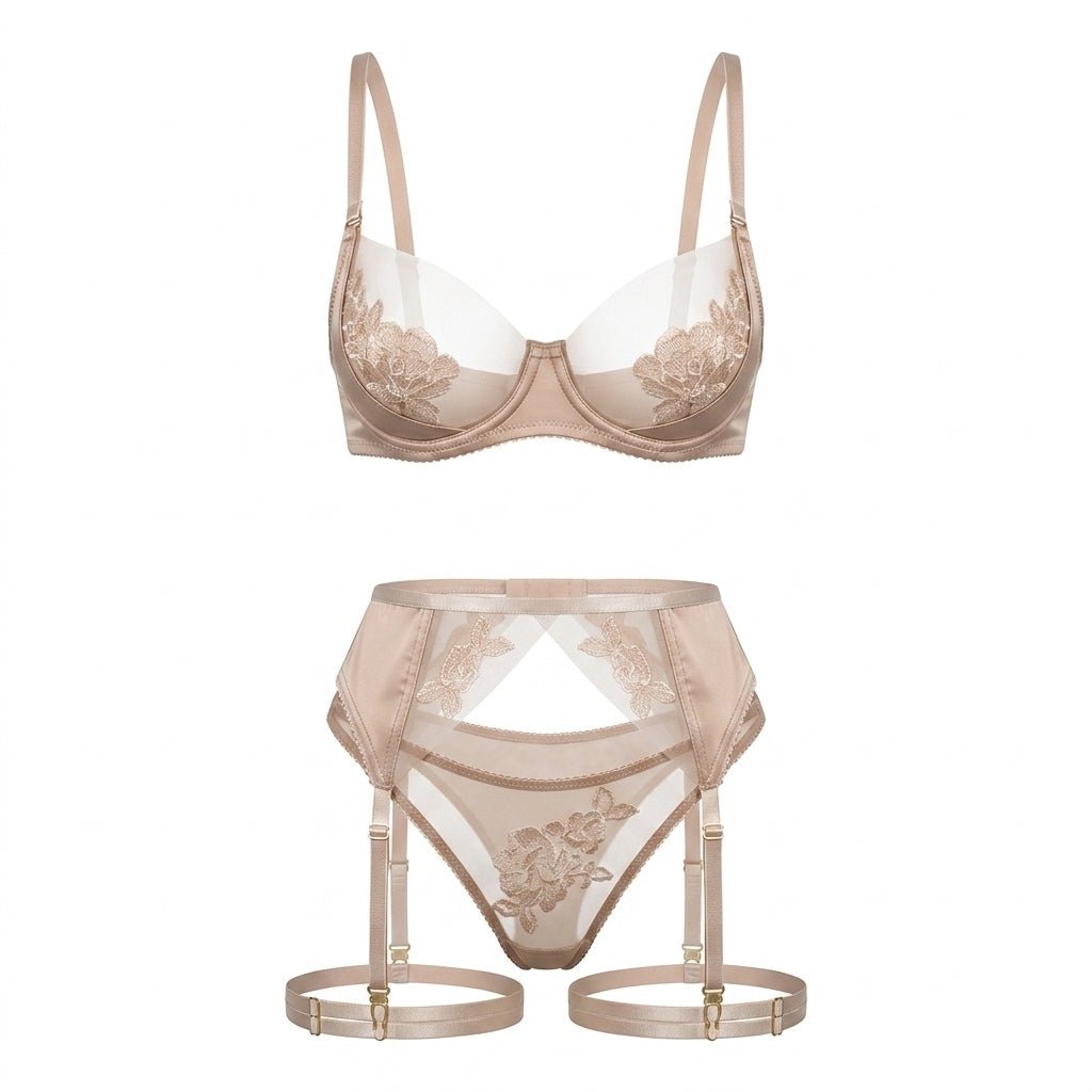Champagne Satin Embroidered Four Piece Lingerie Set - MARELIA