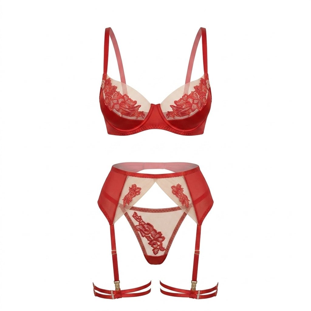 Red Satin Embroidered Four Piece Lingerie Set - MARELIA