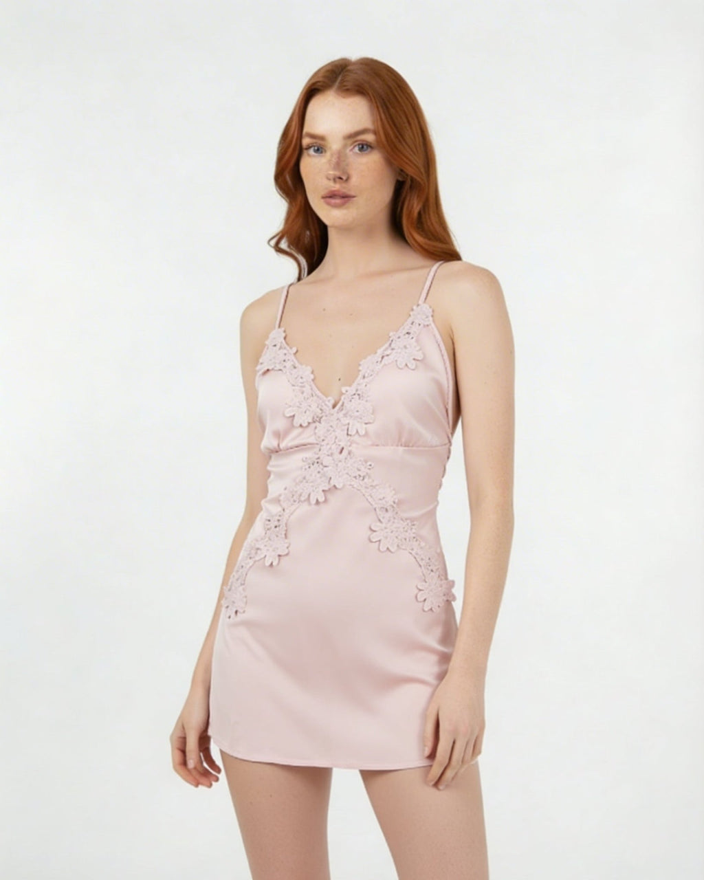 Pink Satin Lace Applique Slip Chemise - MARELIA