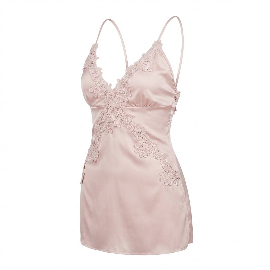 Pink Satin Lace Applique Slip Chemise - MARELIA