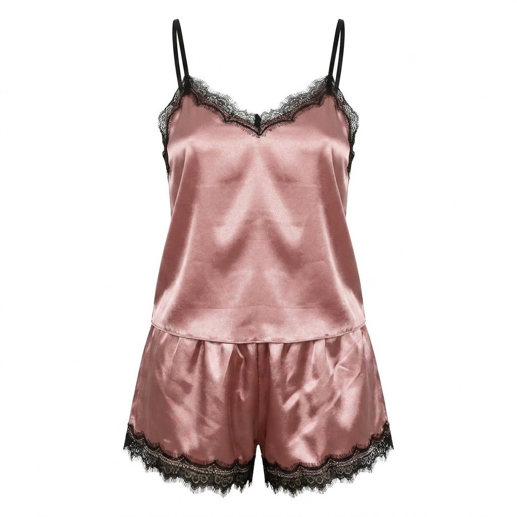 Pink Satin Lace Trim Cami Shorts Pyjama Set - MARELIA