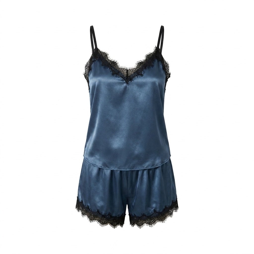 Navy Satin Lace Trim Cami Shorts Pyjama Set - MARELIA