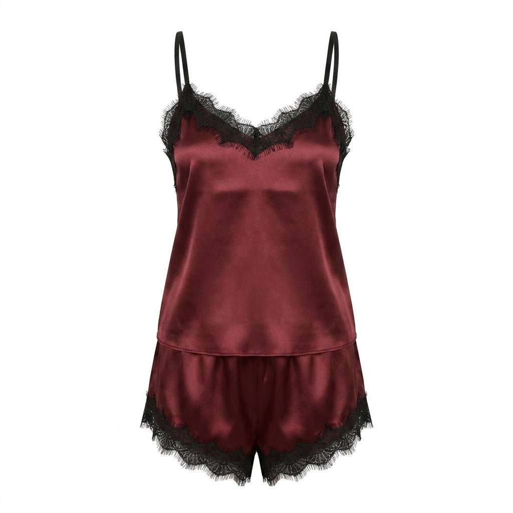 Burgundy Satin Lace Trim Cami Shorts Pyjama Set - MARELIA