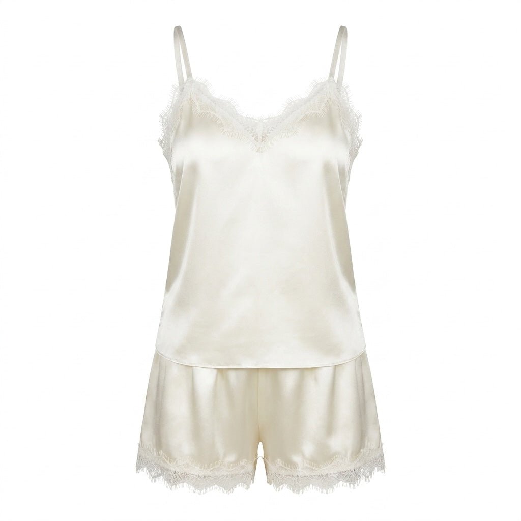 White Satin Lace Trim Cami Shorts Pyjama Set - MARELIA