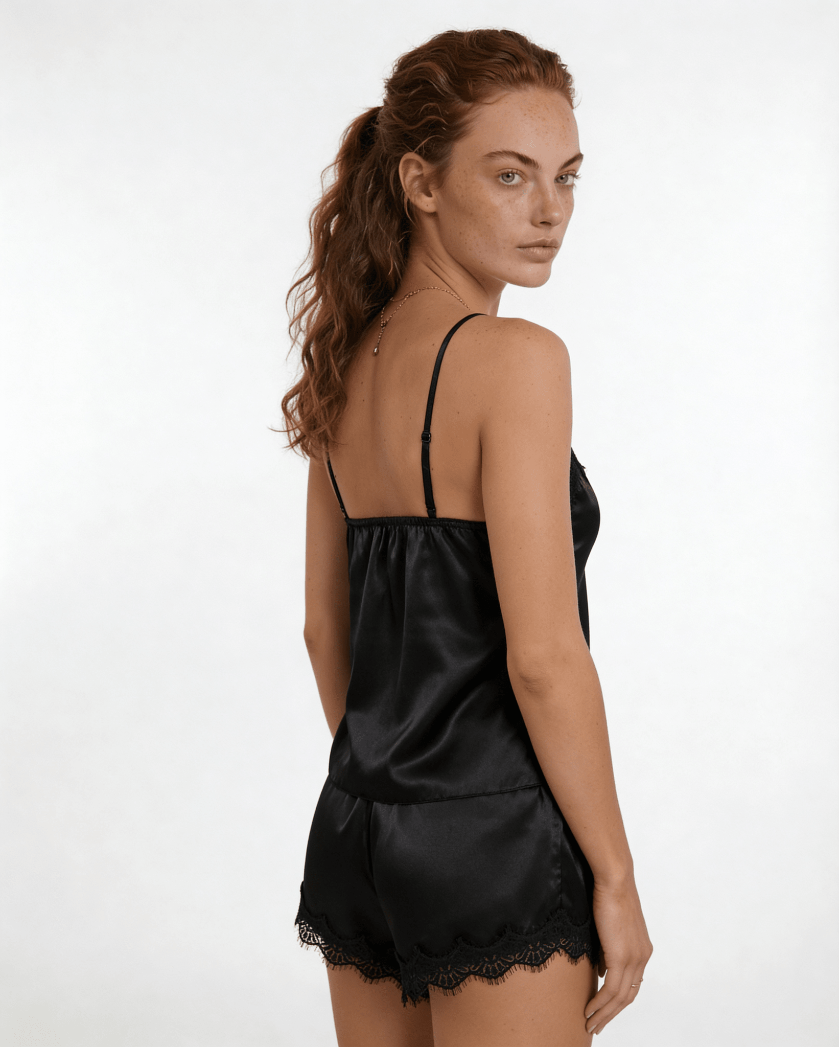 Black Satin Lace Trim Cami Shorts Pyjama Set - MARELIA