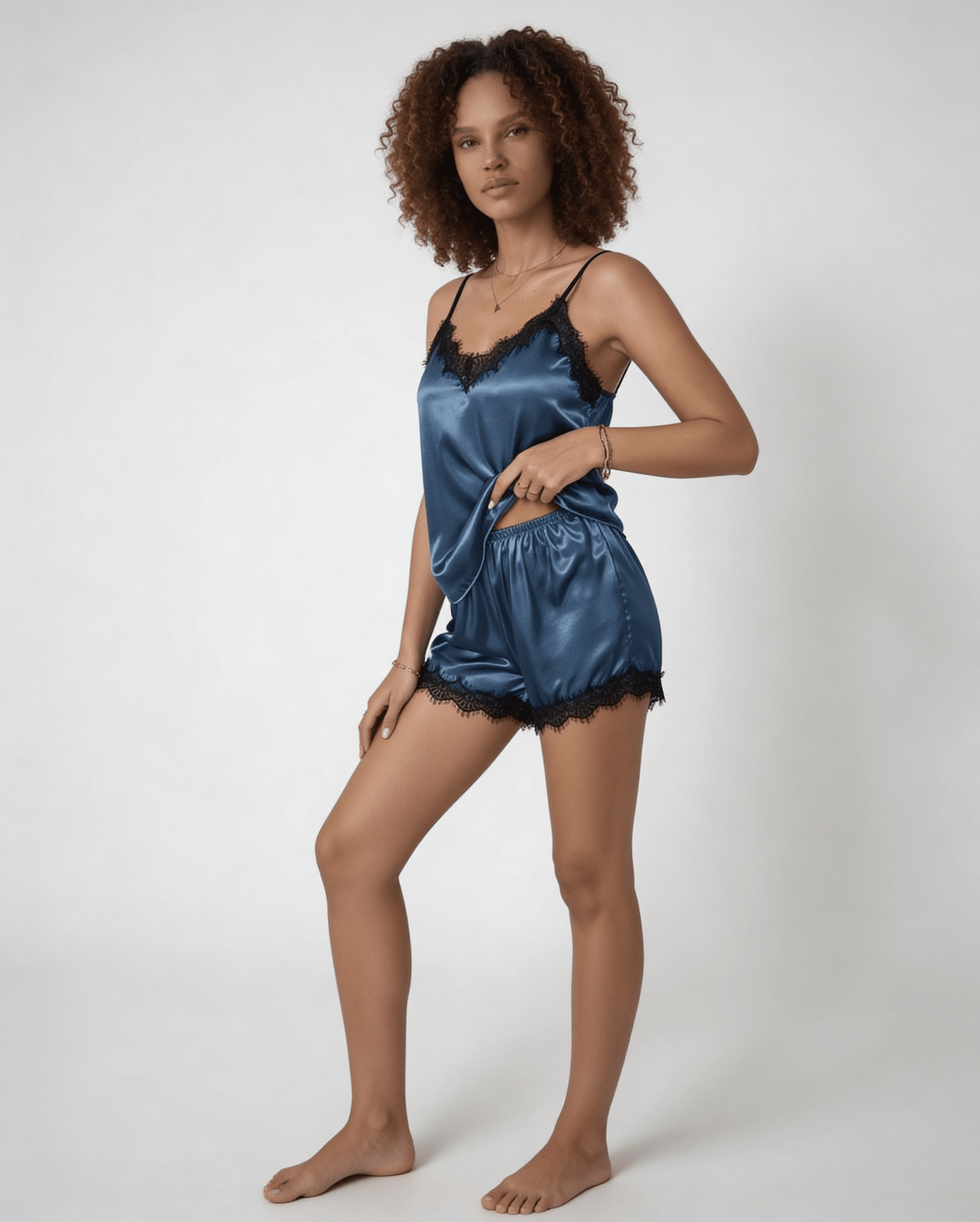 Navy Satin Lace Trim Cami Shorts Pyjama Set - MARELIA