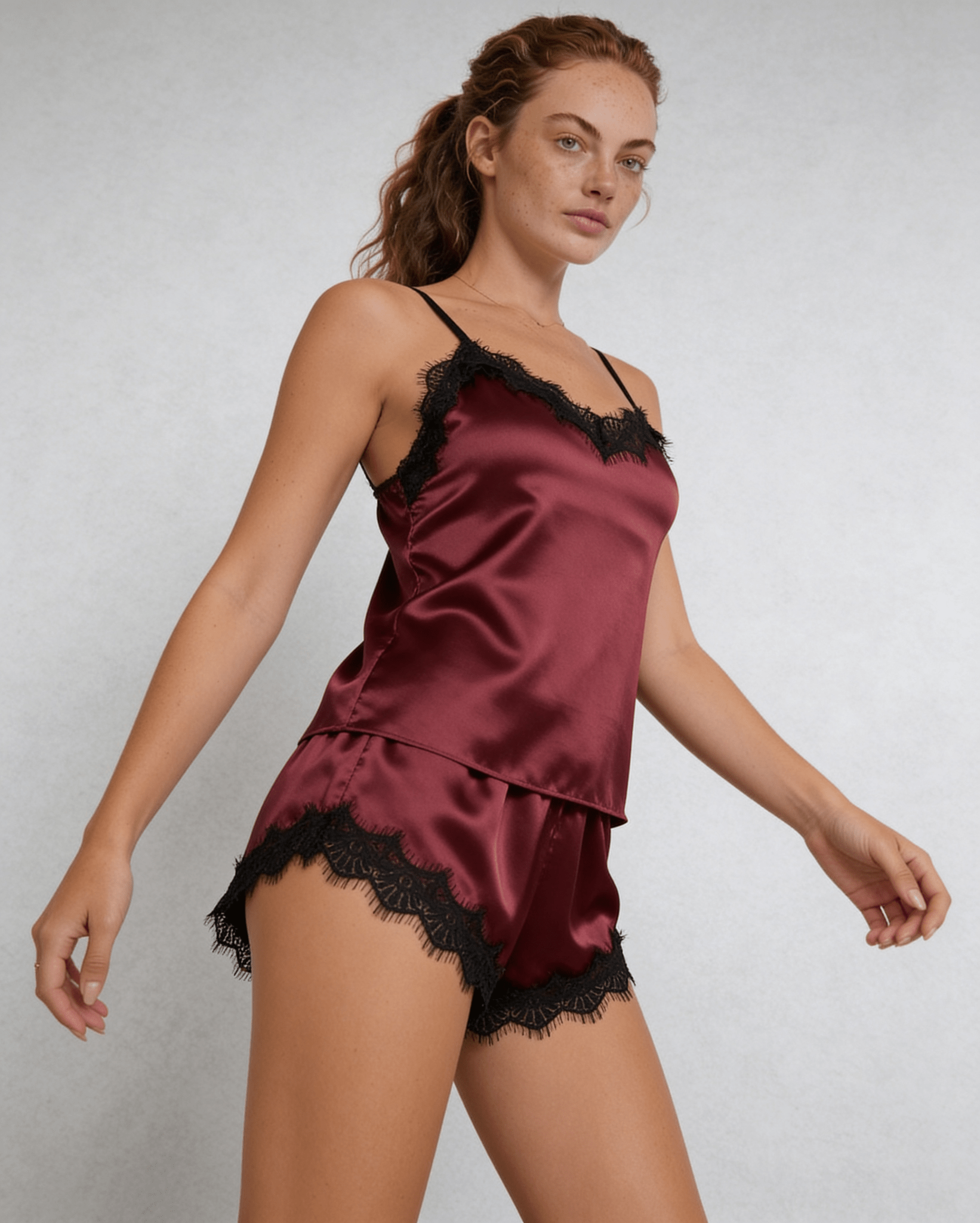 Burgundy Satin Lace Trim Cami Shorts Pyjama Set - MARELIA