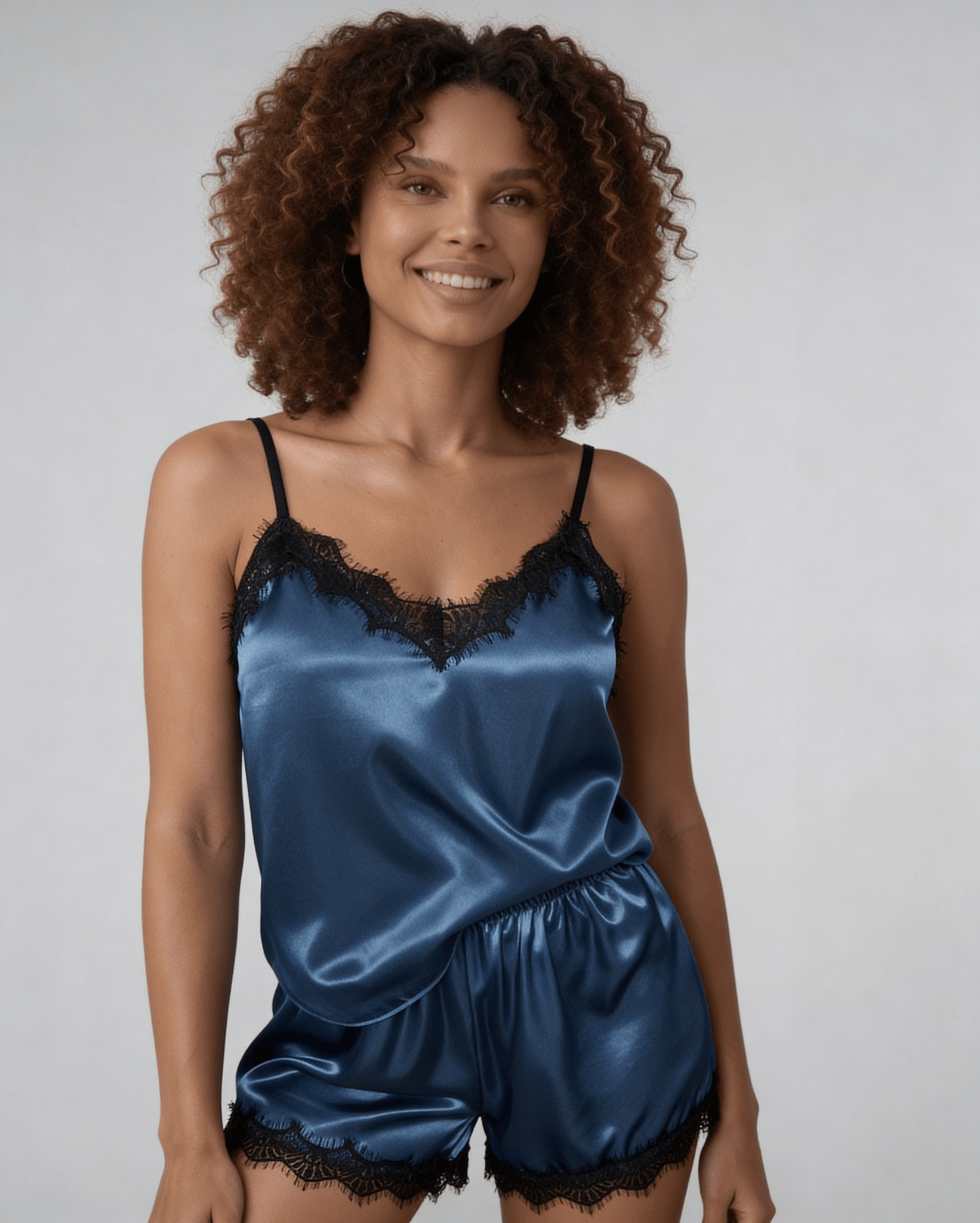 Navy Satin Lace Trim Cami Shorts Pyjama Set - MARELIA