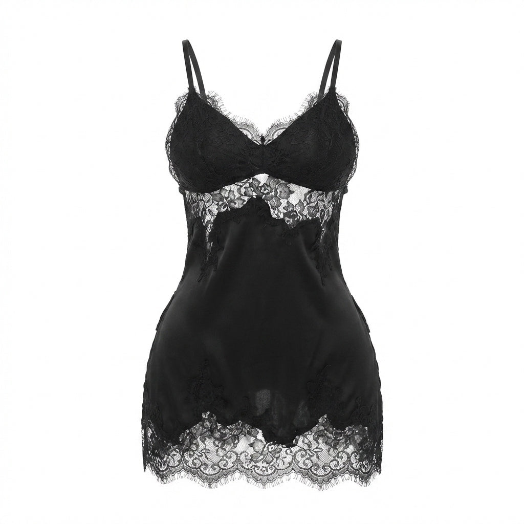 Black Satin Lace Trim Side Tie Chemise - MARELIA