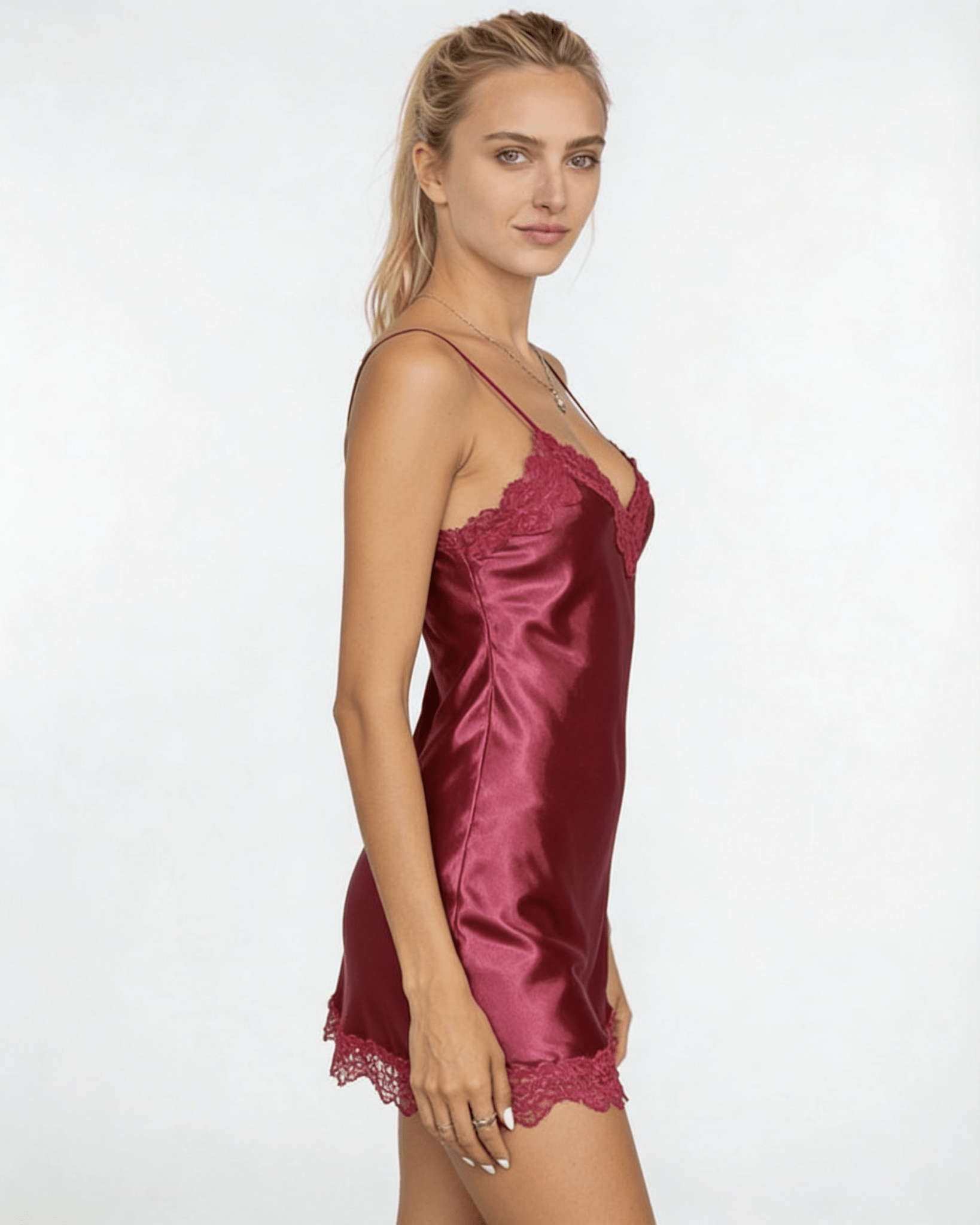 Burgundy Satin Lace Trim Strappy Chemise - MARELIA