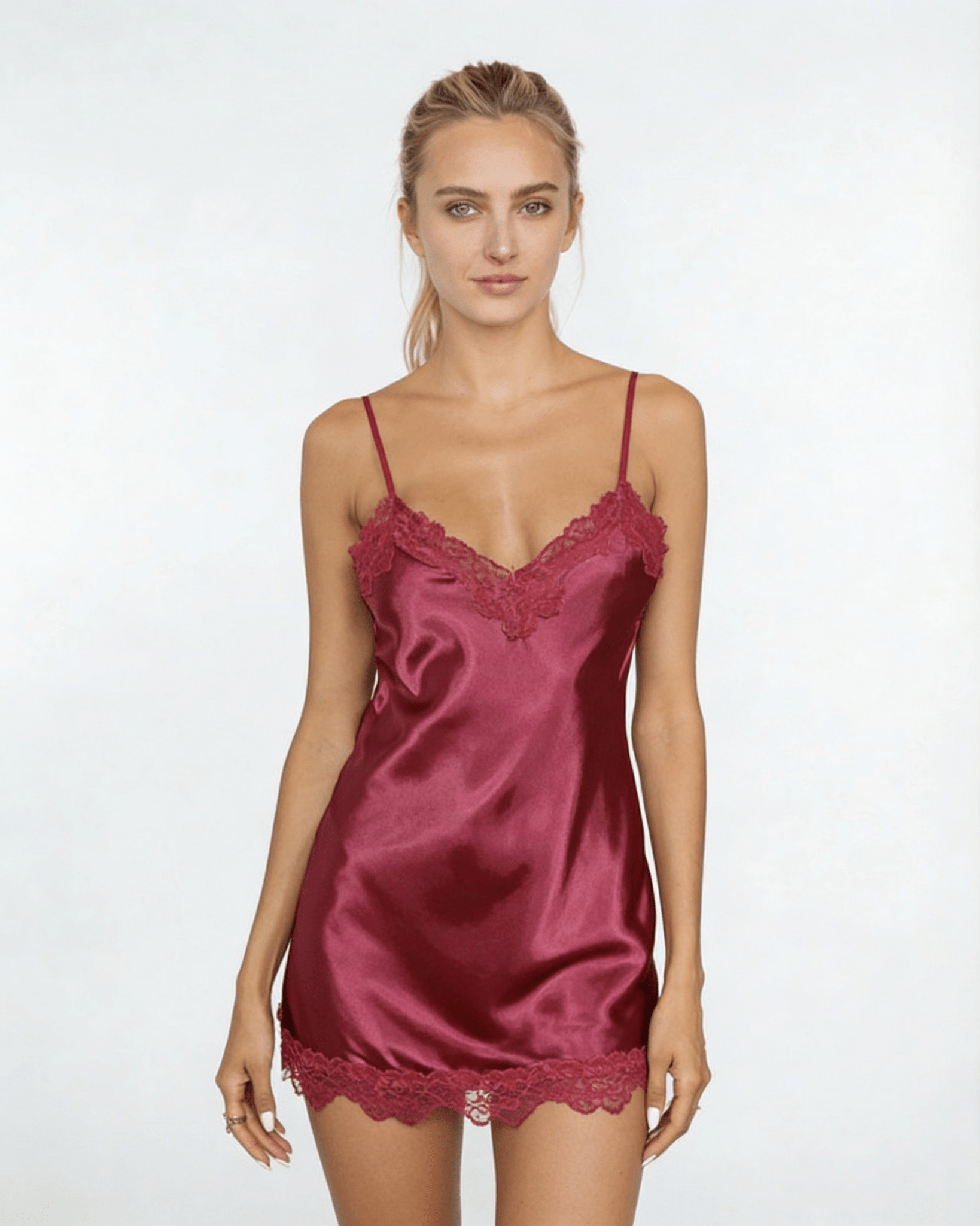 Burgundy Satin Lace Trim Strappy Chemise - MARELIA