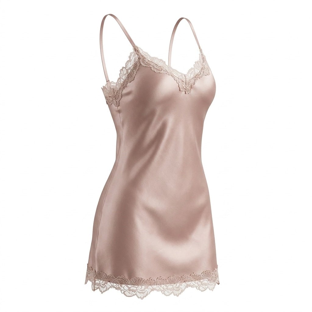 Champagne Satin Lace Trim Strappy Chemise - MARELIA