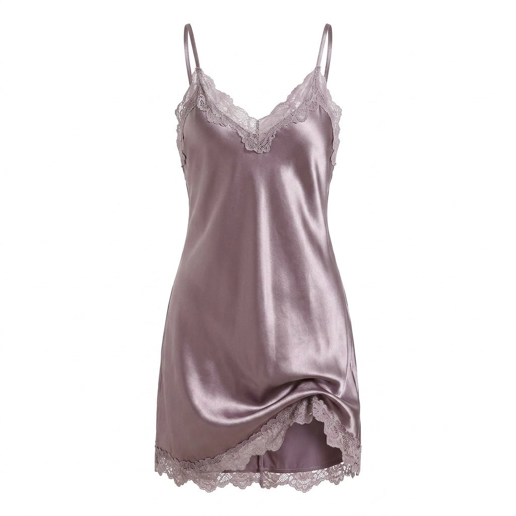 Dusty Mauve Satin Lace Trim Strappy Chemise - MARELIA