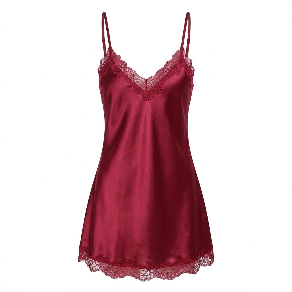 Burgundy Satin Lace Trim Strappy Chemise - MARELIA