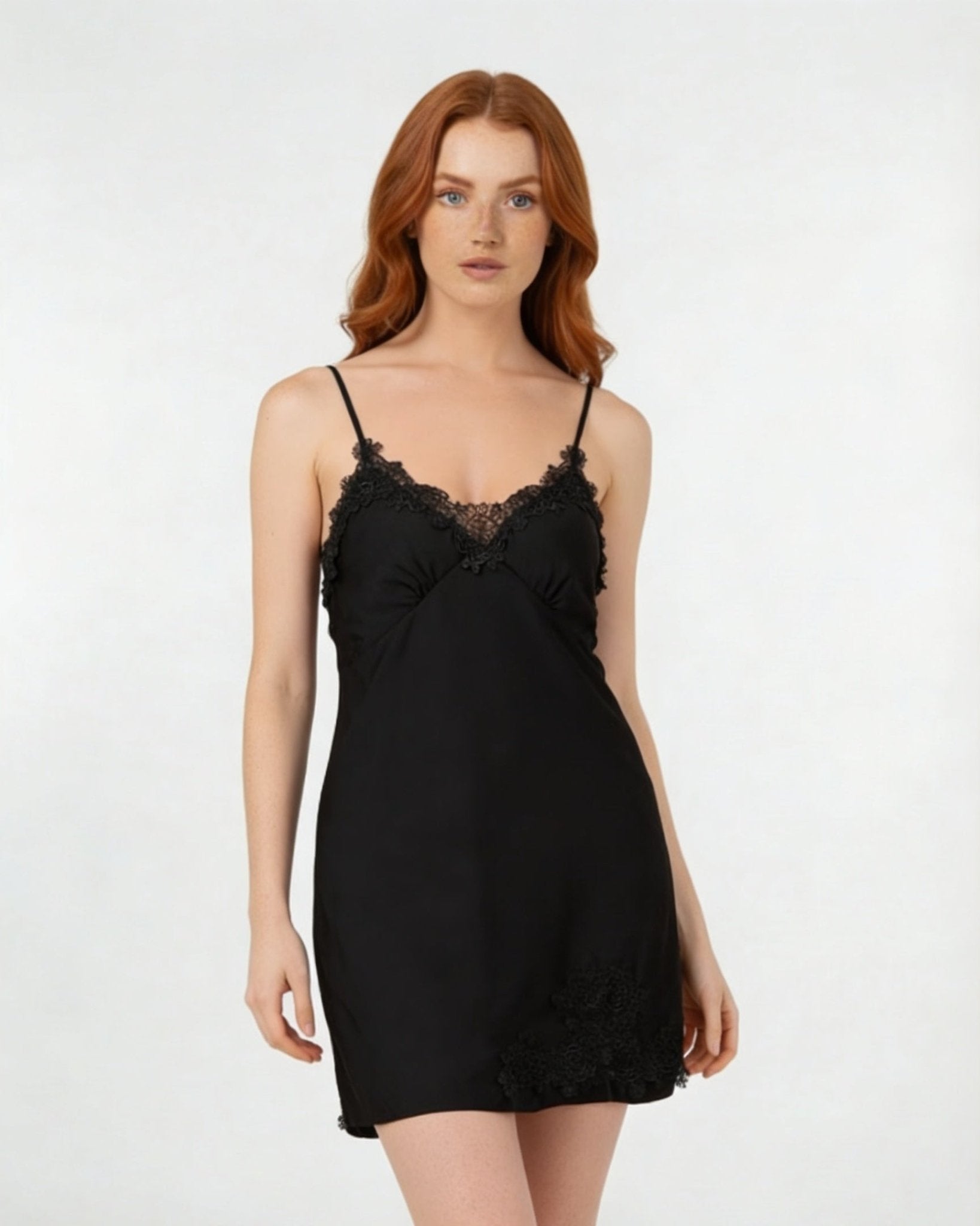 Black Satin Lace Trim V-Neck Chemise - MARELIA
