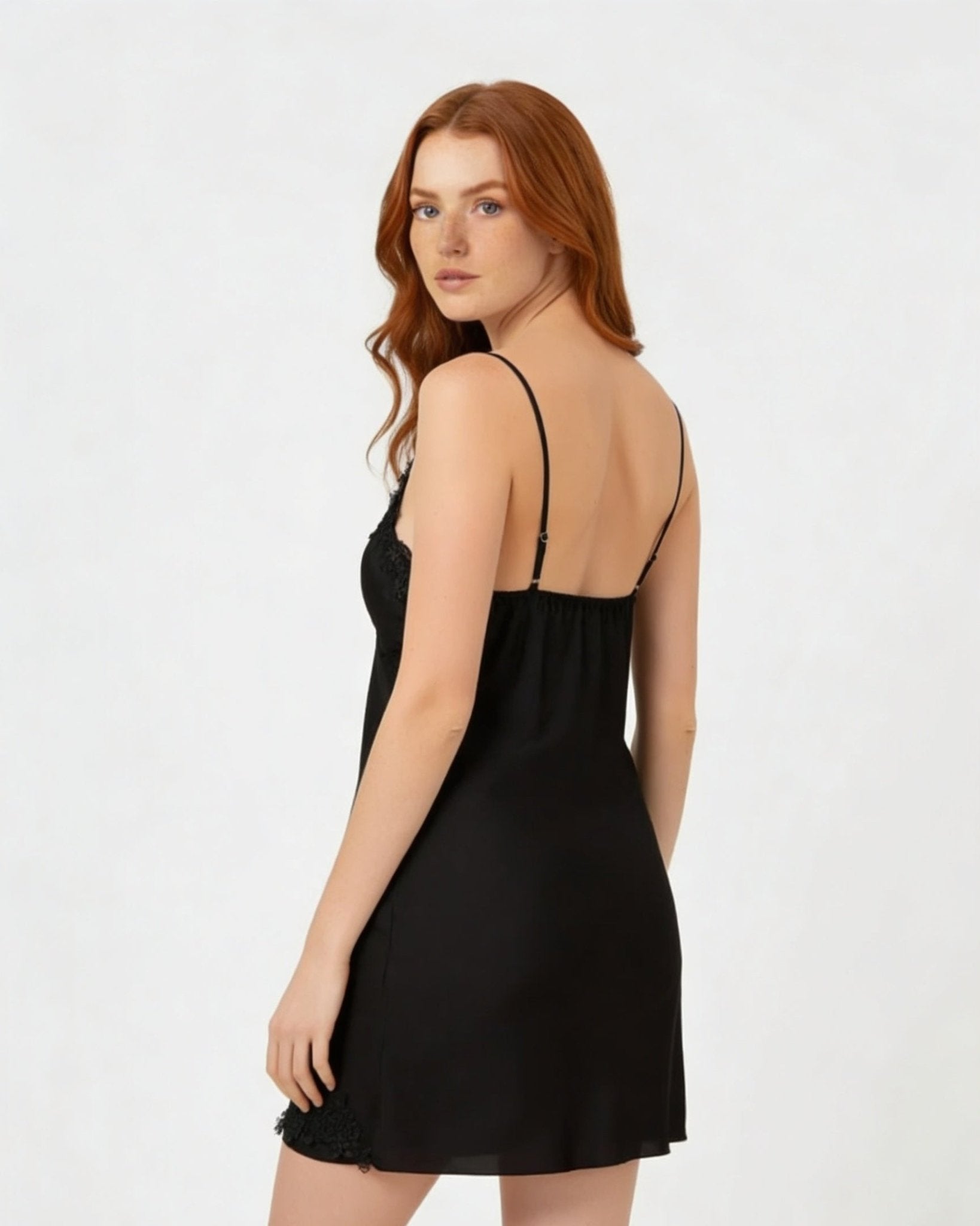 Black Satin Lace Trim V-Neck Chemise - MARELIA