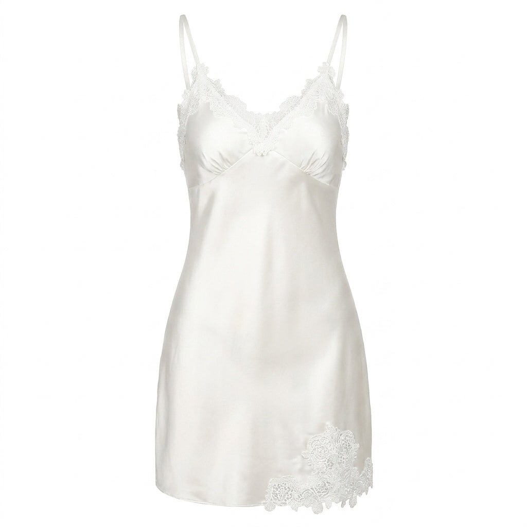 White Satin Lace Trim V-Neck Chemise - MARELIA