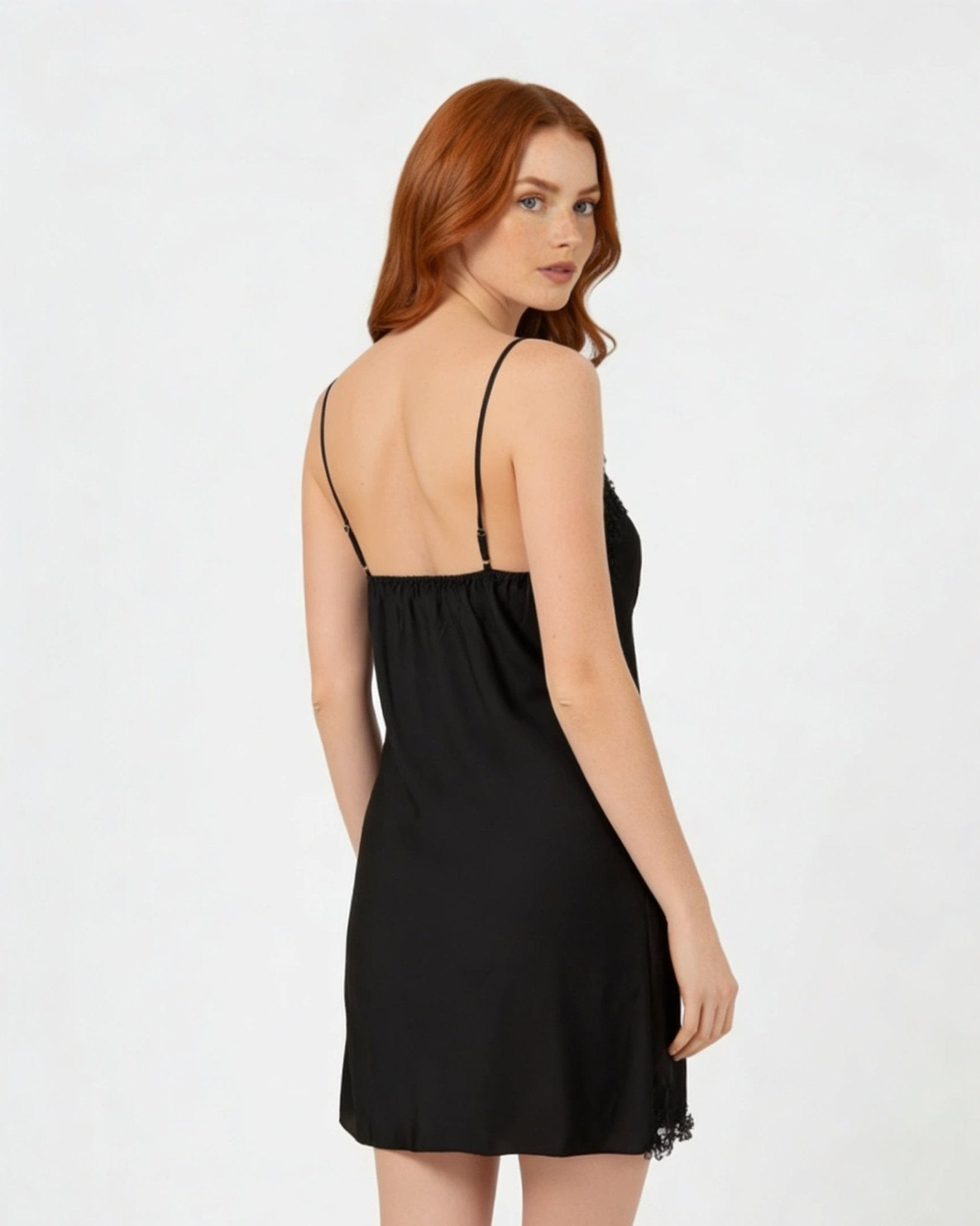 Black Satin Lace Trim V-Neck Chemise - MARELIA