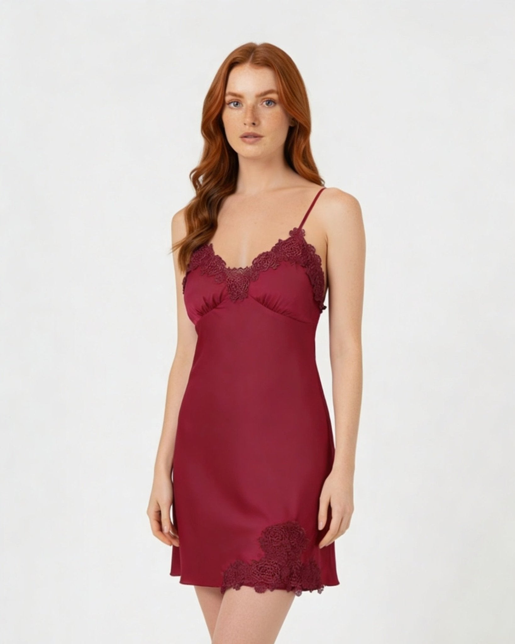 Burgundy Satin Lace Trim V-Neck Chemise - MARELIA