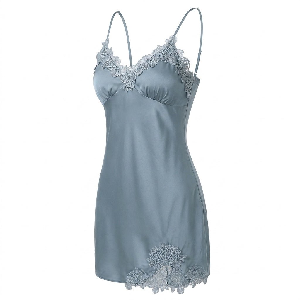Dusty Blue Satin Lace Trim V-Neck Chemise - MARELIA