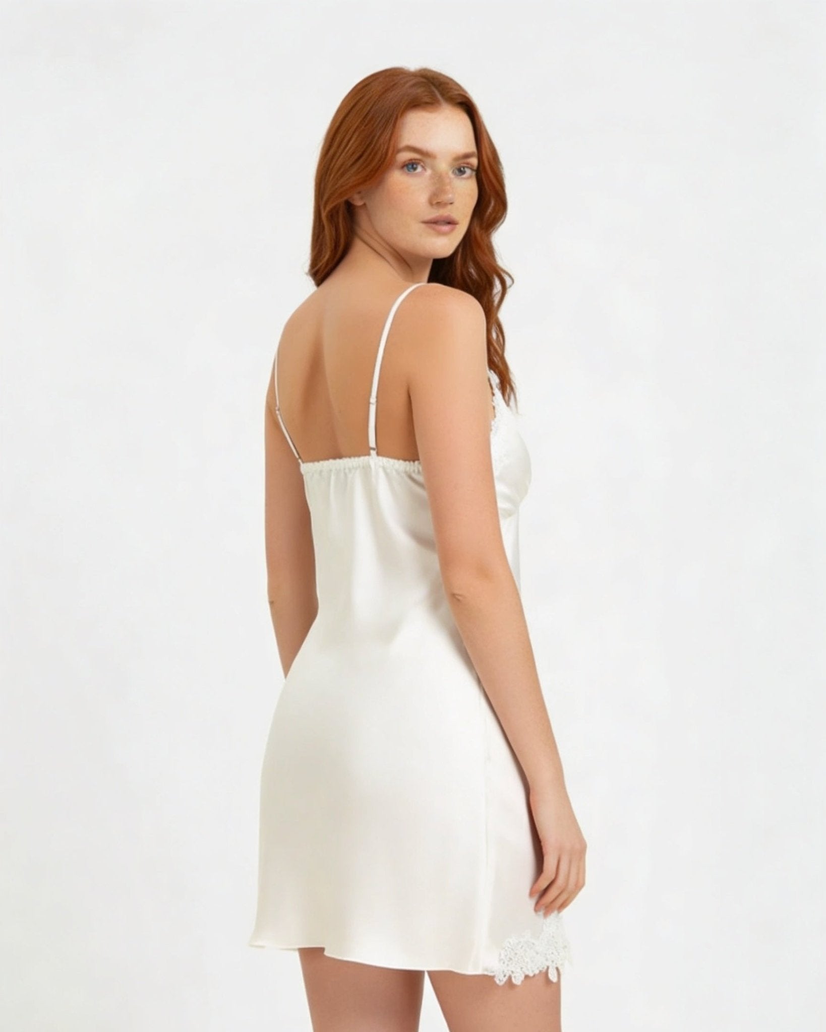 White Satin Lace Trim V-Neck Chemise - MARELIA